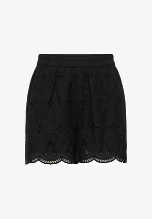 Shorts noirs en coton avec taille élastiquée, ornés de broderies ajourées et d'un ourlet festonné.