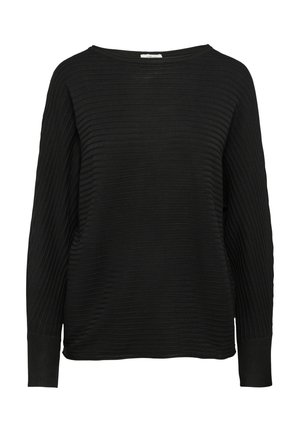 Pull noir à manches longues avec une coupe décontractée, présentant une texture ribbed horizontale sur l'ensemble et un large col bateau. Tissu doux.
