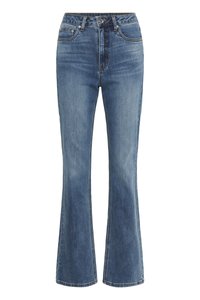 Flared blue denim jeans with a high waist, featuring a button closure and contrasting stitching. Fabric shows a light wash finish.