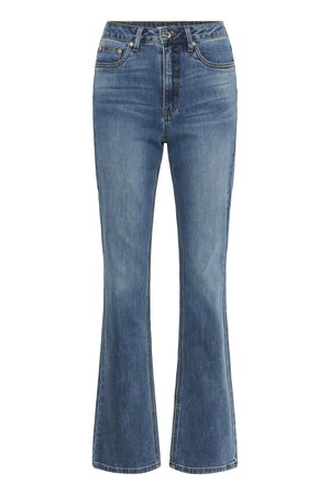 Flared blue denim jeans with a high waist, featuring a button closure and contrasting stitching. Fabric shows a light wash finish.