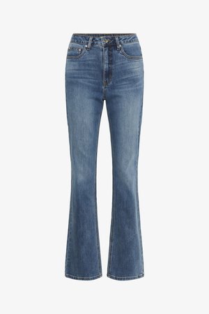 Laienevad sinised teksapüksid kõrge vöökohaga, nööpidega kinnitatud ja kontrastsete õmblustega. Kangas on kerge pesu viimistlusega.