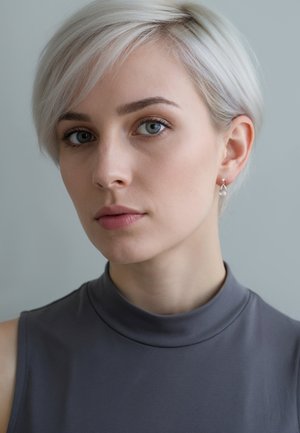 Maglia grigia a maniche corte con collo alto. La figura ha capelli corti, biondo chiaro e un orecchino a goccia. Sfondo neutro che mette in risalto il soggetto.