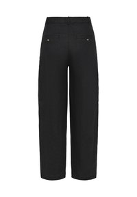 Pantalon noir à jambes droites, taille haute, poches passepoilées boutonnées à l'arrière et passants de ceinture, présenté de dos sur fond blanc.