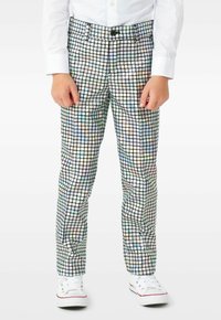 Mitmevärviline ruudustikuga püksid, valmistatud läikivast materjalist, mustal taustal väikeste ruuduliste mustritega ja standardse vöökohtadega.