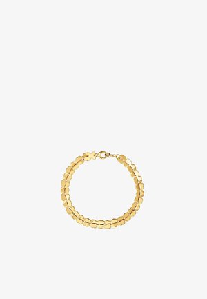 Bracelet en or avec de petits maillons plats arrondis formant une double chaîne, sécurisé par un fermoir mousqueton.