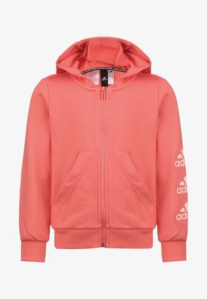 Korallenfarbener Kapuzenpullover mit Reißverschluss aus weichem Stoff, mit einer Fronttasche, gerippten Bündchen und dem Adidas-Logo auf dem Ärmel gedruckt.