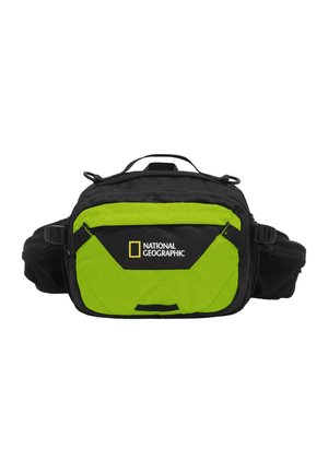 National Geographic waist bag in black and vibrant green. Features multiple zippered compartments and adjustable straps. Textured fabric.