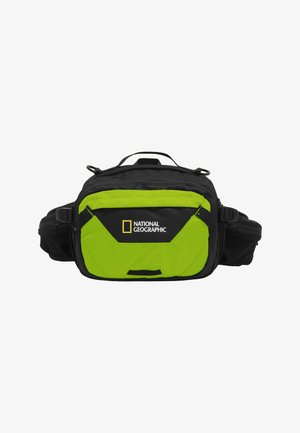 National Geographic waist bag in black and vibrant green. Features multiple zippered compartments and adjustable straps. Textured fabric.