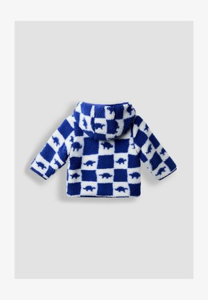 Polár kapucnis dzseki kék-fehér kockás mintával és apró állatfigurákkal. Puha tapintású, hosszú ujjú, laza szabású.