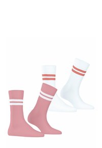 Vier Paar Crew-Socken: zwei pink mit weißen Streifen und zwei weiß mit roten Streifen. Baumwollmischung, gerippte Textur und sportlicher Stil.