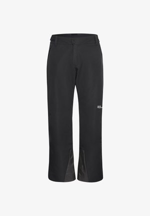 Zwarte buitenbroeken van synthetisch materiaal, met een rechte snit, twee voorkantzakken en een verstevigde onderzoom voor duurzaamheid.