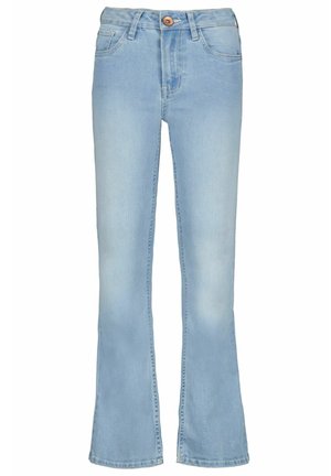 Jasnoniebieskie dżinsy z lekkim rozszerzeniem nogawki, styl pięciopakowy, zapinane na guziki, z widocznym przeszyciem z przodu.