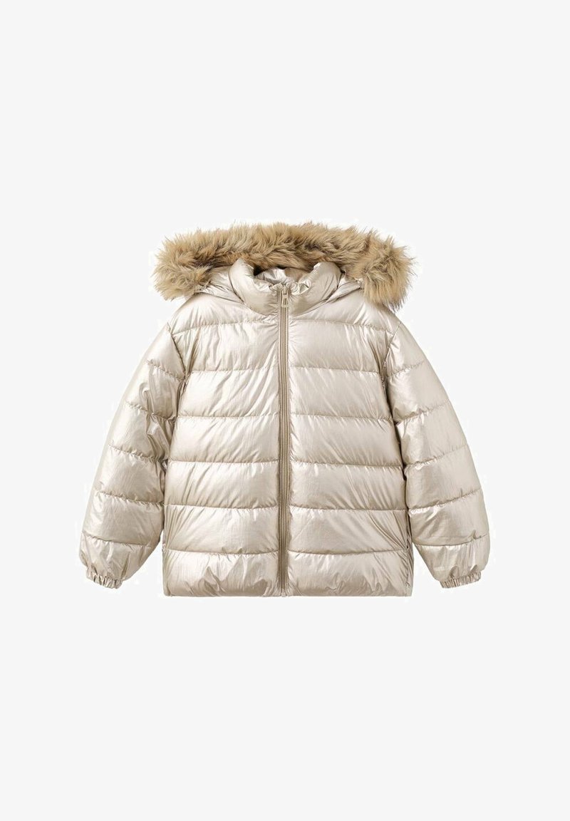Puffer jacket in metallic gold with a faux fur hood, horizontal quilted design, elastic cuffs, and a full front zipper.