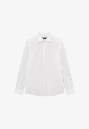White long-sleeve button-up shirt with a pointed collar and buttoned cuffs, displayed flat on a white background.