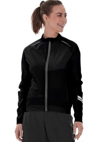 Svart träningsjacka med dragkedja, hög krage och reflexstriper på axlarna. Tillverkad av ett slätt, lätt material och har en figurnära passform.