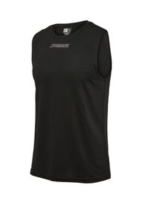 T-shirt de sport noir sans manches avec un col rond et le logo blanc "HUMMEL" sur la poitrine, présenté sur fond blanc.