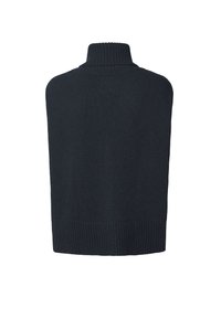 Mörk marinblå stickad väst med hög ribbad polokrage och ribbad fåll, visad bakifrån mot en vit bakgrund.