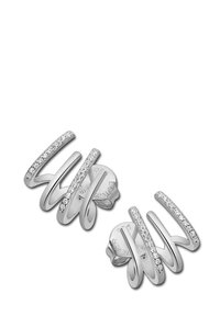 Boucles d'oreilles en argent au design ondulé, présentant trois lignes courbées ornées de petits pierres claires pour plus de détail.