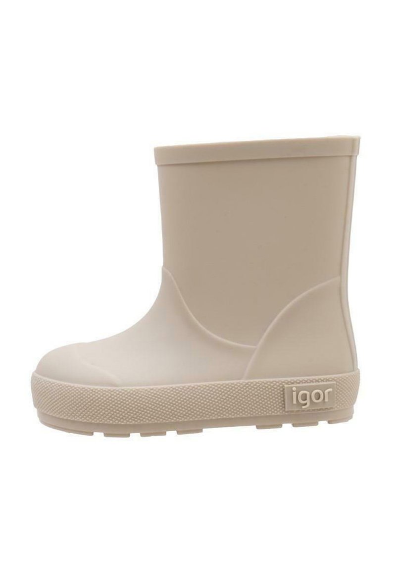 Botte de pluie en caoutchouc beige avec un extérieur lisse, un bout arrondi et une semelle texturée. Présente un petit logo sur le côté et un design minimaliste.