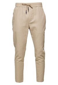 Beige Leinenhose mit tapered Fit, elastischem Bund und Kordelzugverschluss. Verfügt über zwei Seitentaschen und eine glatte Textur.