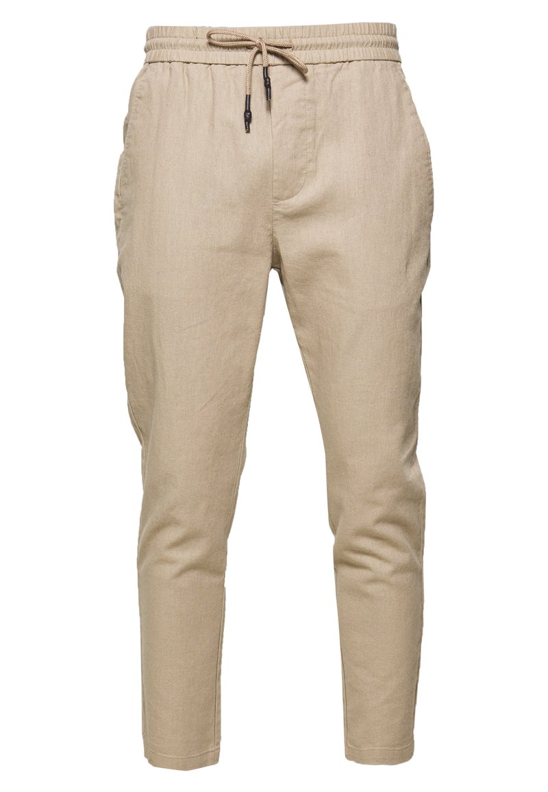 Beige Leinenhose mit tapered Fit, elastischem Bund und Kordelzugverschluss. Verfügt über zwei Seitentaschen und eine glatte Textur.