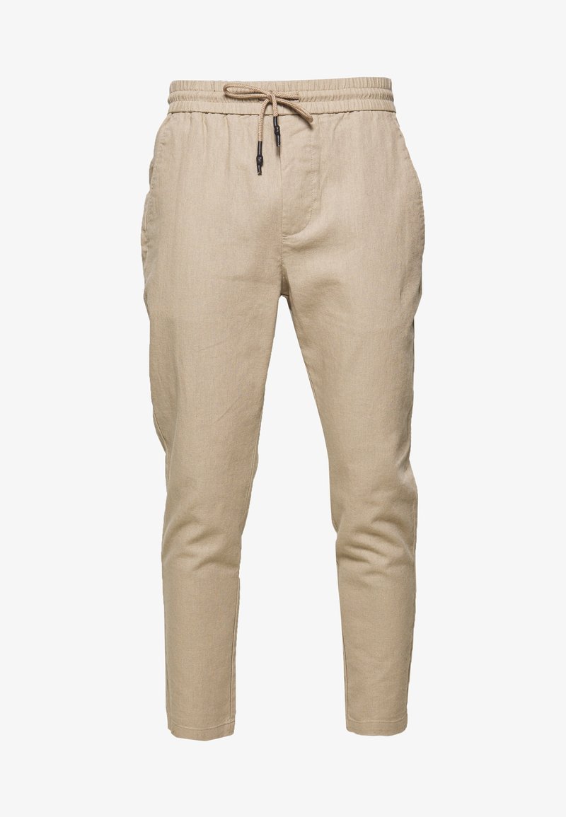 Beige Leinenhose mit tapered Fit, elastischem Bund und Kordelzugverschluss. Verfügt über zwei Seitentaschen und eine glatte Textur.