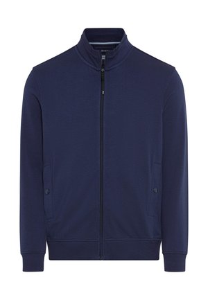 Navy blue full-zip jacket with stand collar, long sleeves, ribbed cuffs and hem, and two front pockets with button closures.