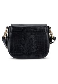Black crocodile-pattern leather handbag with a flap closure, gold hardware, and a detachable shoulder strap, featuring a smooth texture.