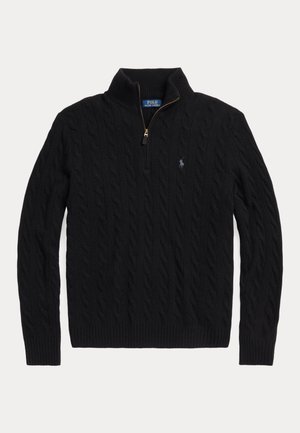 Black cable knit sweater with a zippered collar and ribbed cuffs and hem. Features a subtle logo on the chest and soft texture.