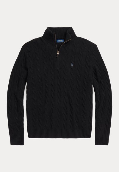 Black cable knit sweater with a zippered collar and ribbed cuffs and hem. Features a subtle logo on the chest and soft texture.