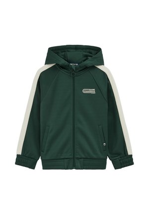 Mørkegrøn hættetrøje med fuld lynlås, cremefarvede striber på ærmerne, forlommer, elastiske manchetter og teksten "Game Changers" på brystet.