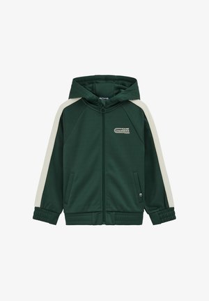 Temno zelena jopa s kapuco z zadrgo po celotni dolžini, krem trakovi na rokavih, sprednjimi žepi, elastičnimi manšetami in napisom "Game Changers" na prsih.