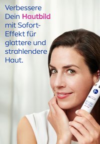 NIVEA Cellular anti-age serum in a white, cylindrical bottle with blue accents. A person with smooth skin holds it, featuring soft focus background.