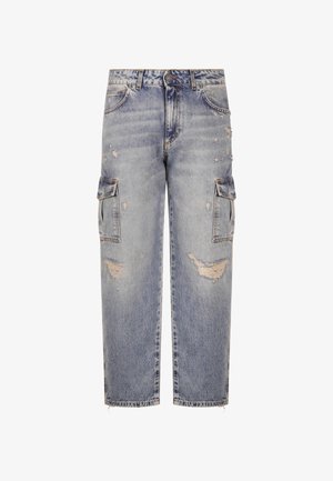 Hellblaue, verwaschene Cargo-Jeans mit vorderen Klappentaschen, Gürtelschlaufen, Knopfleiste und gekürzten, weiten Beinen.