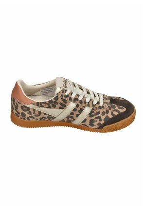 Low-top sneaker with leopard print, white laces, light beige stripes, brown suede toe, rust heel, and gum rubber sole.
