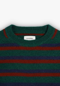 Groene, rode en paarse gestreepte trui met een geribbelde ronde hals en een label met de tekst "SCALPERS," die een zachte textuur laat zien.
