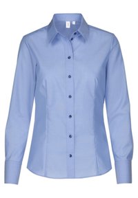 Light blue long-sleeve shirt with a pointed collar, featuring a button-down front and dark blue buttons. Smooth fabric with a tailored fit.