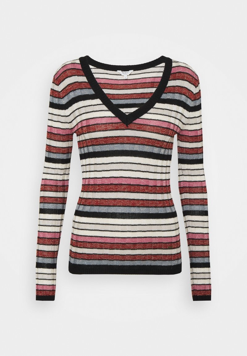 Pull en maille rayé avec col en V, manches longues, et des rayures de différentes largeurs en rouge, noir, blanc et rose avec une texture côtelée.