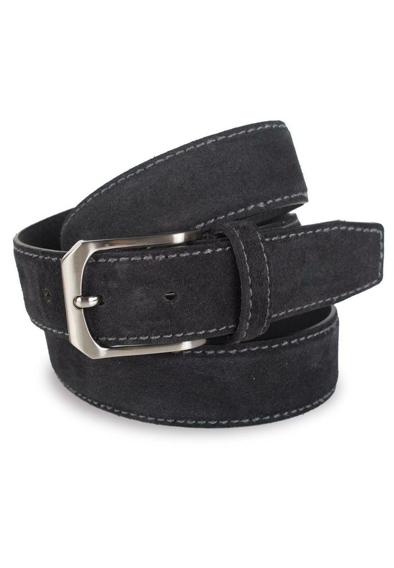Cinturón de ante negro con costuras en contraste y una hebilla de metal plateado. Presenta una textura suave y un diseño sencillo y elegante.