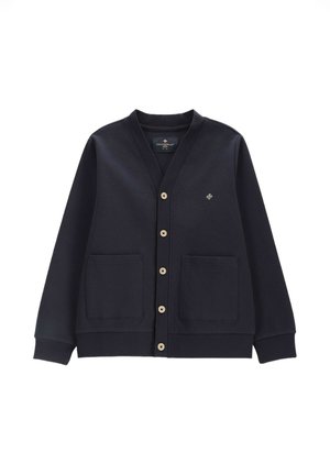 Granatowy rozpinany kardigan z dekoltem w serek, dwoma przednimi kieszeniami, ściągaczami na mankietach i dole oraz małym diamentowym logo na piersi.