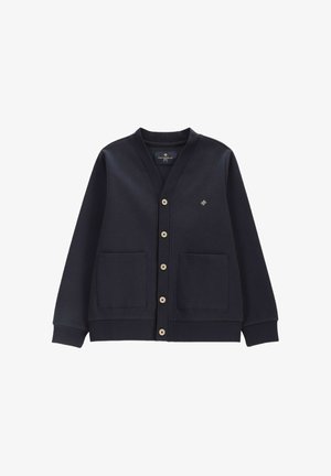 Granatowy rozpinany kardigan z dekoltem w serek, dwoma przednimi kieszeniami, ściągaczami na mankietach i dole oraz małym diamentowym logo na piersi.