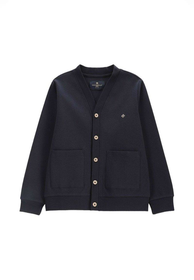 Granatowy rozpinany kardigan z dekoltem w serek, dwoma przednimi kieszeniami, ściągaczami na mankietach i dole oraz małym diamentowym logo na piersi.