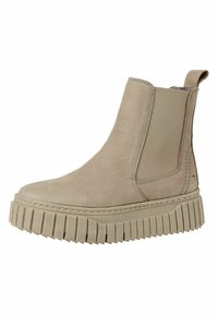 Beige leather ankle boots with a ribbed platform sole. Features elastic side panels and a pull tab for easy wear.