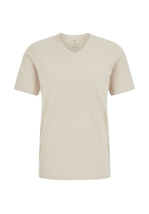 Beige T-Shirt mit kurzen Ärmeln und V-Ausschnitt, mittlere Größe, schlichtes Design ohne Muster oder Logos, auf weißem Hintergrund dargestellt.