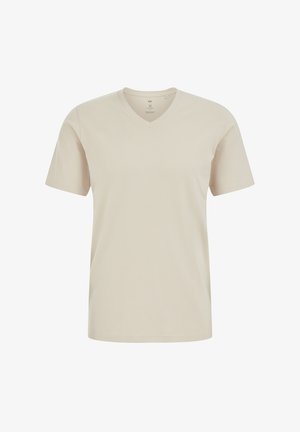 Beige T-Shirt mit kurzen Ärmeln und V-Ausschnitt, mittlere Größe, schlichtes Design ohne Muster oder Logos, auf weißem Hintergrund dargestellt.
