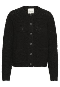 Schwarze Strickjacke mit rundem Ausschnitt, vorderen Knöpfen, zwei Taschen und strukturiertem Stoff. Verfügt über gerippte Bündchen und Saum.