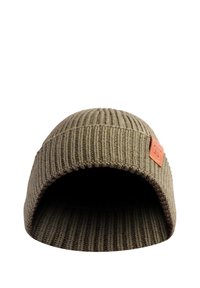 Brown knitted beanie hat with a ribbed texture, featuring a small leather patch on the side and a rounded top design.