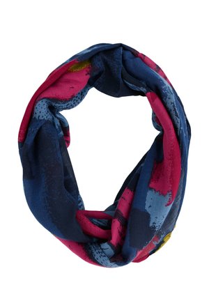 Écharpe infinity avec motif abstrait coloré en bleu foncé, rose, bleu clair et petits accents jaunes, pliée en forme de boucle circulaire.
