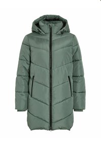 Polstret parka i mørkegrøn med lynlås, hætte og to sidelommer. Har chevron-syninger og et glat, vandafvisende materiale.
