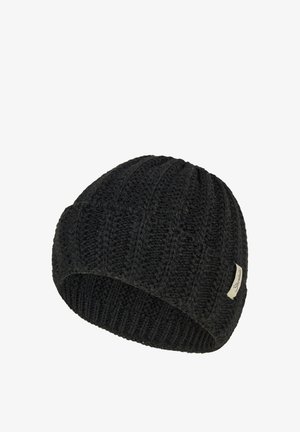 Black knitted beanie hat with ribbed texture and a small sewn fabric brand tag on the side.
